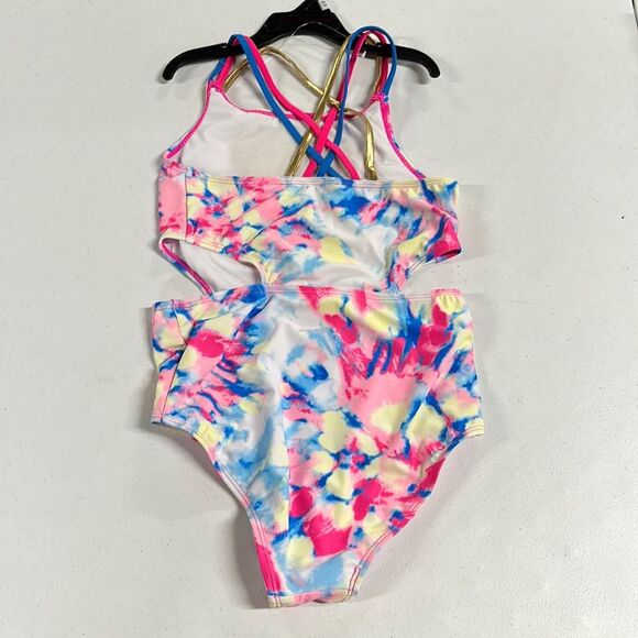 Girl’s Betsey Johnson swim suit sz XL 14 - Pink, Blue, Yellow, White w/Heart - Picture 3 of 4